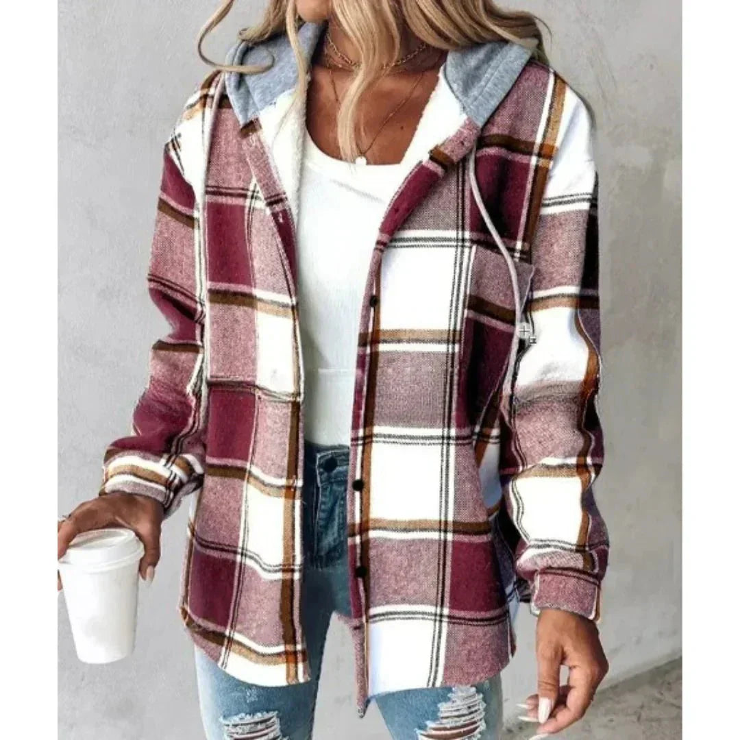 Rutig hoodiejacka dam i bomullsmix, röd