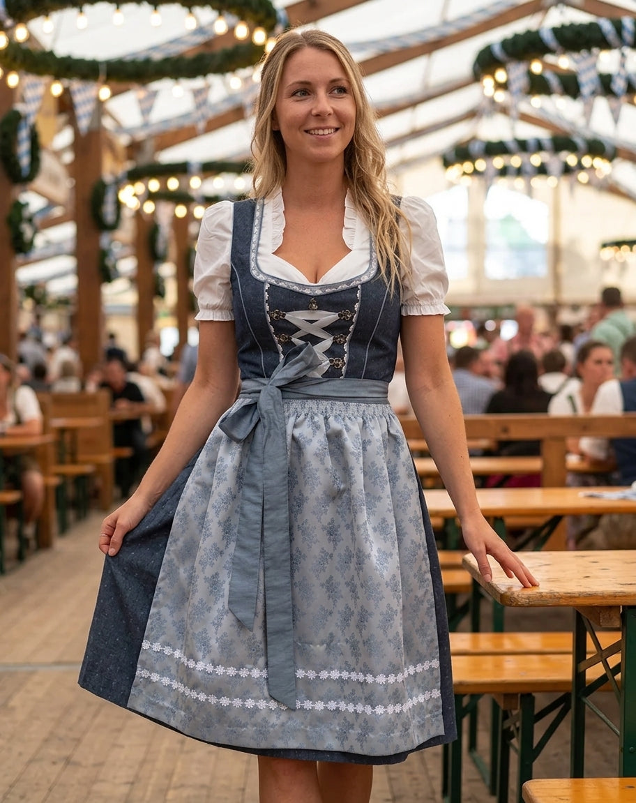 Dirndl set dam, tredelat — trachtenklänning med förkläde och blus för oktoberfest