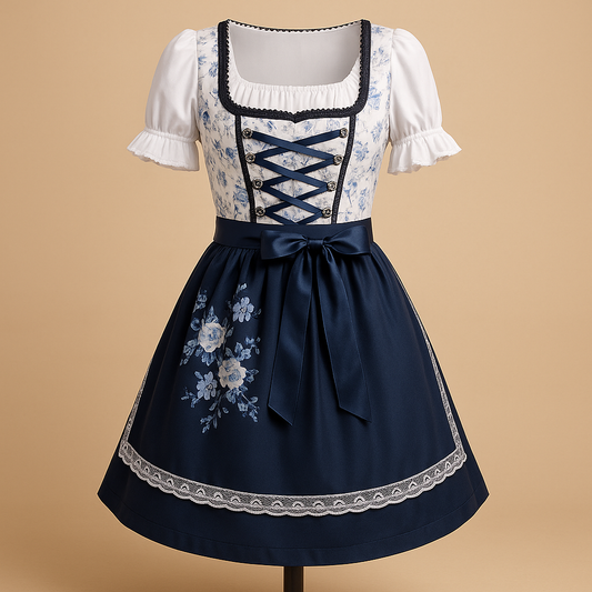 Traditionell dirndl dam med spetsdetaljer, blå