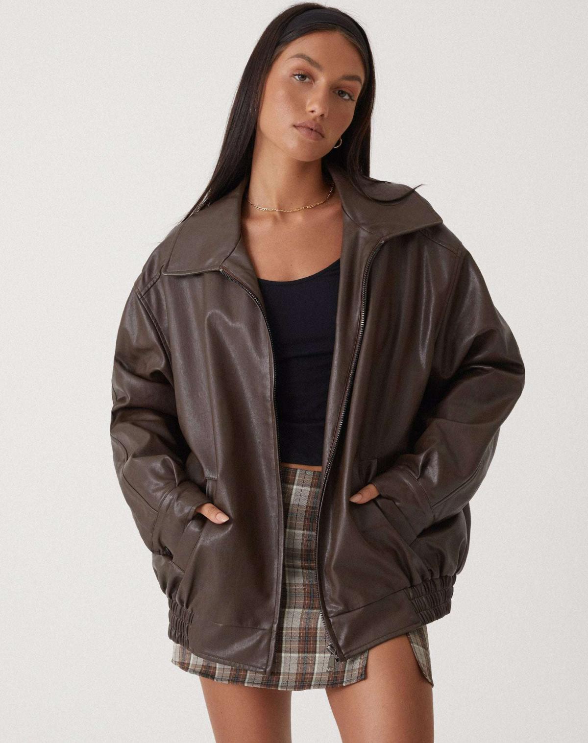 Oversized PU-läder jacka dam i läderimitation