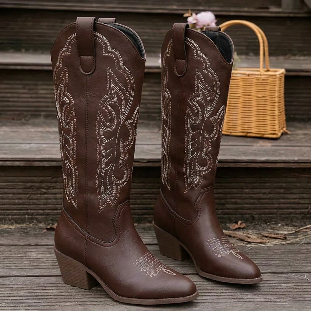 Cowboyboots dam i läderimitation — knähöga westernboots med broderi och blockklack