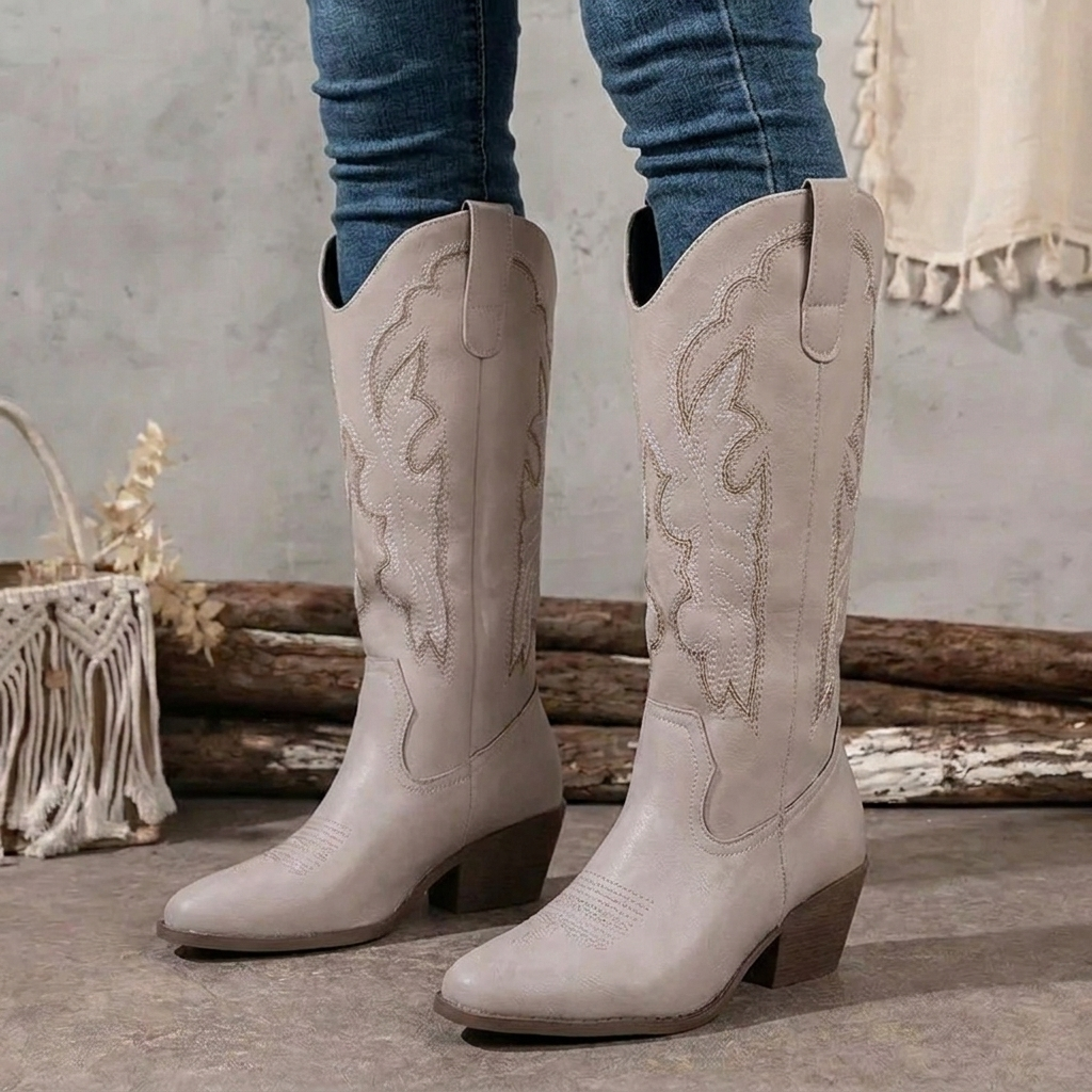 Cowboyboots dam i läderimitation — knähöga westernboots med broderi och blockklack