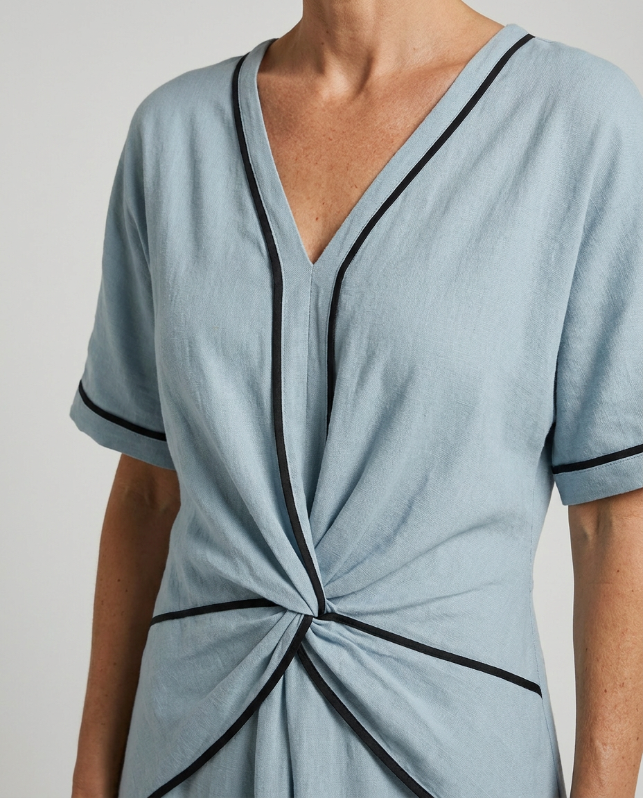 Sommarklänning dam i polyester – maxiklänning med v-ringning och knytmidja